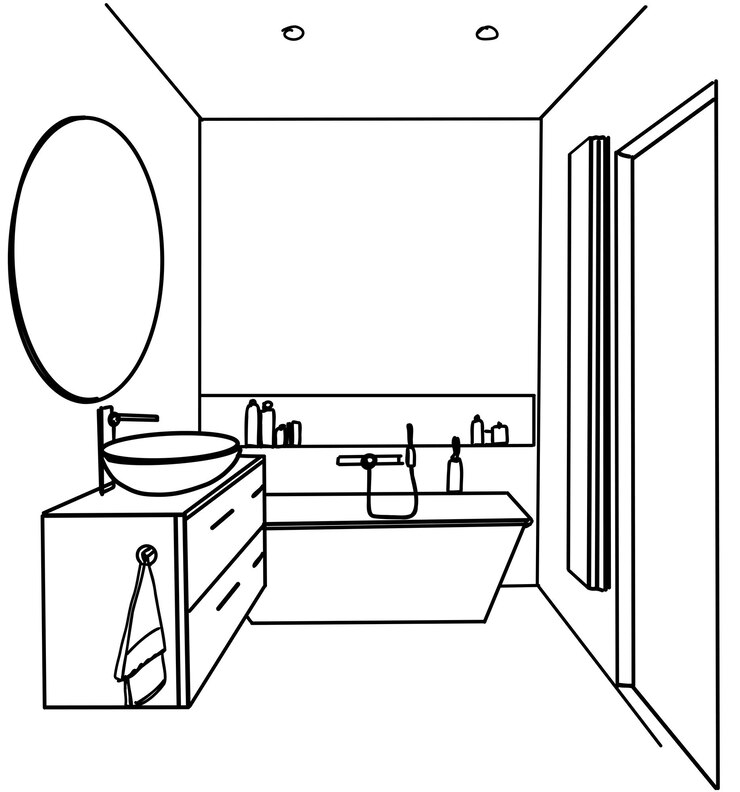 Diseño interior del baño con boceto de línea dibujo de contorno vectorial del baño de casa