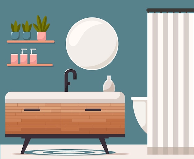 Vector diseño interior de baño con muebles modernos, bañera y artículos de baño.