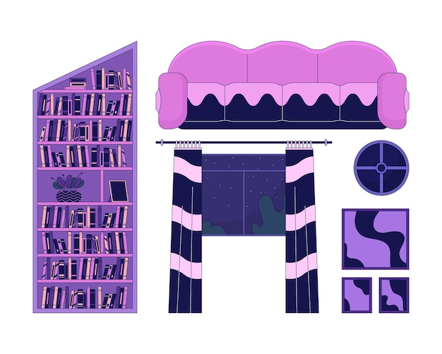 Diseño interior de la casa lofi 2D conjunto de objetos de dibujos animados lineales