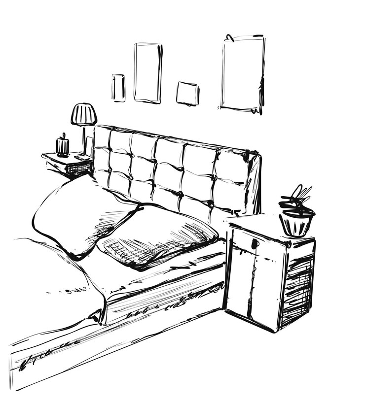 Diseño interior del dormitorio con cama doble y cuadros en la pared Boceto dibujado a mano