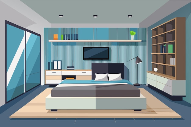 Diseño interior de dormitorio moderno con una gran cama, mesita de noche, cómodo, TV de pantalla plana y una gran ventana representada en una ilustración estilizada con tonos azules frescos