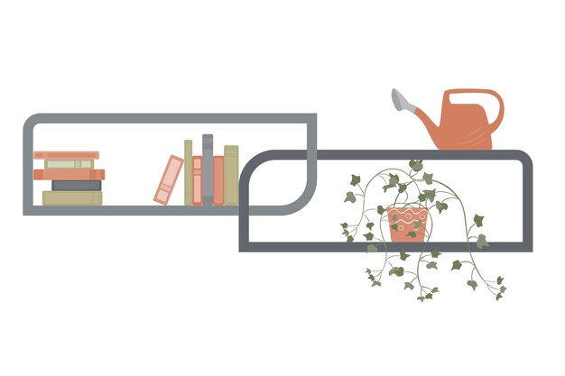 Diseño interior de una habitación con muebles, estanterías, libros, una maceta, una regadera