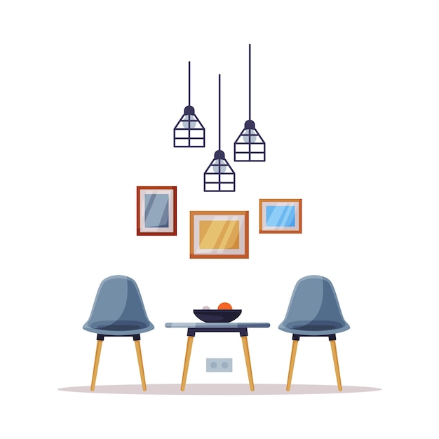 Vector diseño interior de habitaciones cómodas sillas y mesas de café muebles cómodos y accesorios de decoración del hogar ilustración vectorial