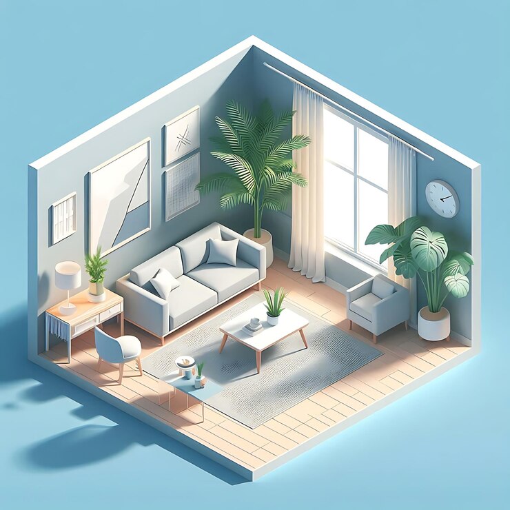 Vector diseño interior minimalista de la sala de estar y fondo azul