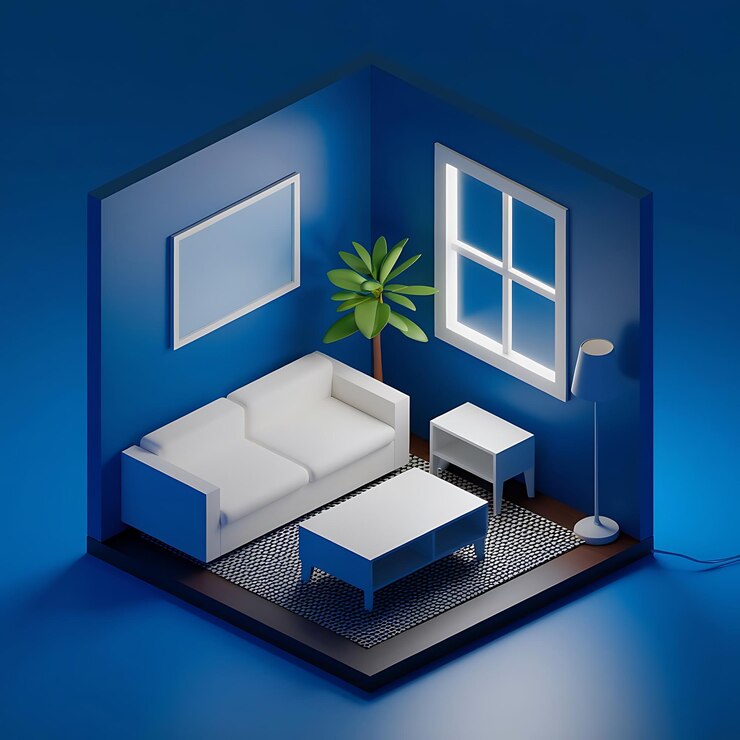 Diseño interior minimalista de la sala de estar y fondo azul