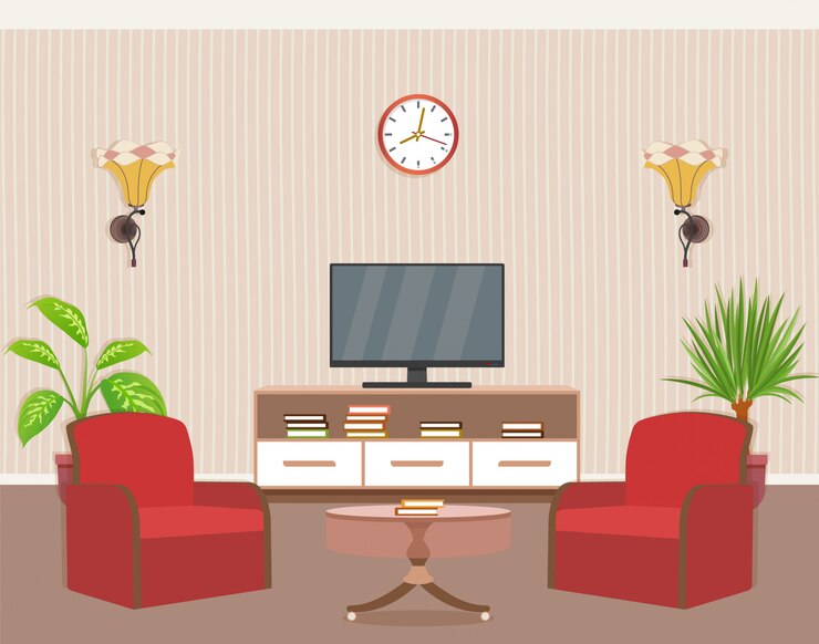 Vector diseño interior de sala de estar con dos sillones, televisor y planta de interior.