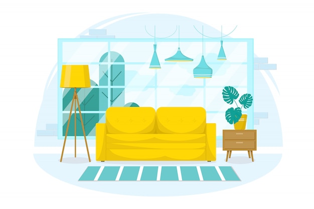 Diseño interior de una sala de estar con muebles, una gran ventana, un sofá amarillo, una lámpara de pie con flores y un soporte sobre un fondo blanco aislado. estilo plano azul pastel. ilustración