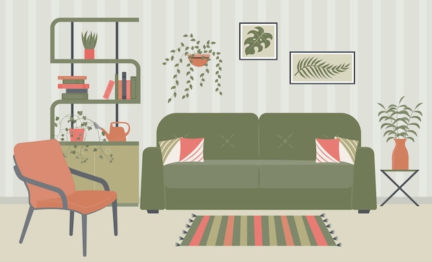 Diseño interior del salón con muebles.
