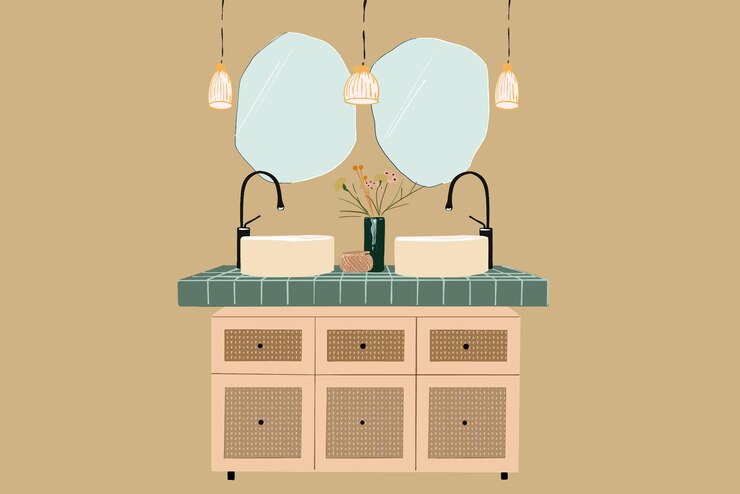 Vector diseño de interiores de baño con espejos de inodoro, lavabo, lavabo para dos personas en estilo plano, ilustración vectorial