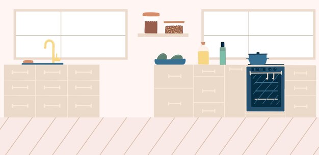 Diseño de interiores de cocina moderna Ilustración vectorial en estilo plano