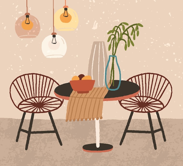 Diseño de interiores de comedor acogedor con muebles modernos y lámparas sobre una mesa redonda con jarrones y manteles. ilustración con textura vectorial plana de la decoración del hogar hygge en estilo escandinavo.