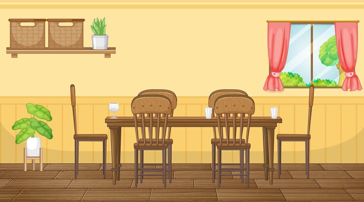Vector diseño de interiores de comedor con muebles.