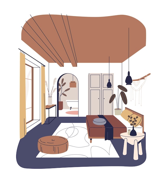 Diseño de interiores de dormitorios modernos Habitación de casa con armario de cama Plantas de la casa Flores en jarrones alfombra Puerta al baño Muebles de moda Decoración acogedora Ilustración vectorial plana aislada sobre fondo blanco
