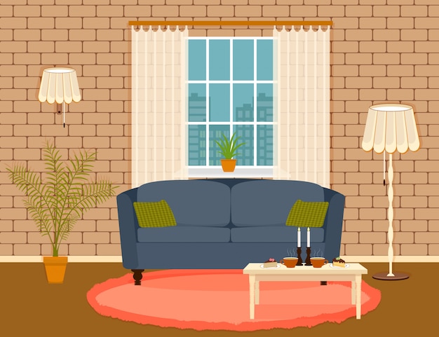 Diseño de interiores en estilo plano de sala de estar con muebles, sofá, mesa, planta de interior, lámpara y ventana.