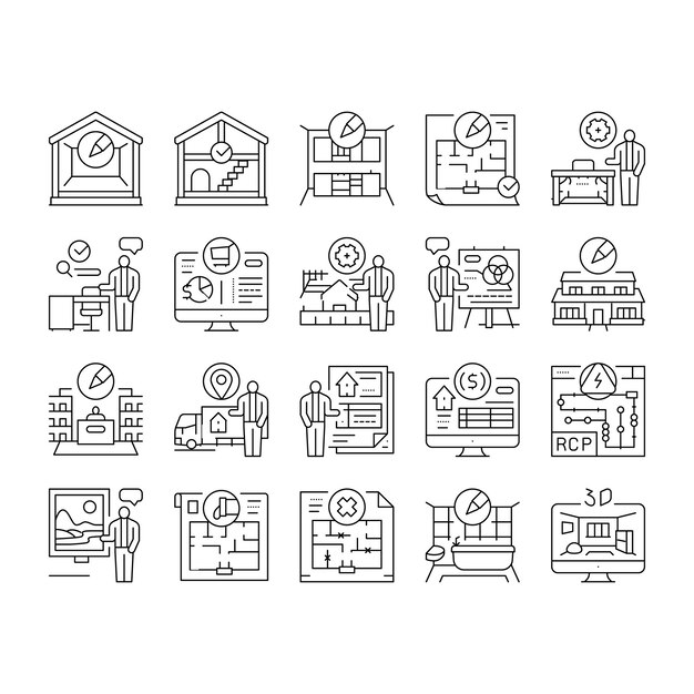 Diseño de interiores de habitaciones en el hogar Iconos modernos Vector de conjunto