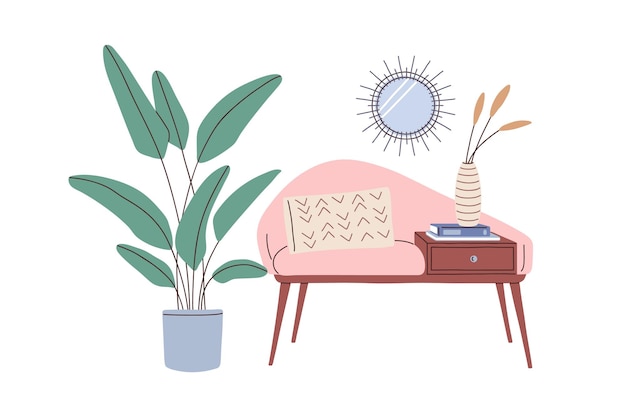 Diseño de interiores para el hogar en estilo de los años 60 Silla retro con cajón casa planta espejo y jarrón con flores Asiento acogedor con cojín para sala de estar Ilustración vectorial plana aislada sobre fondo blanco