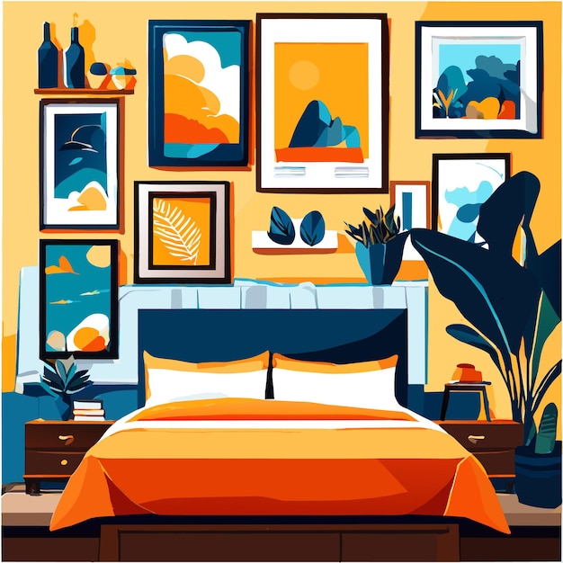 Vector diseño de interiores con marcos fotográficos y cama con almohadas ilustración vectorial