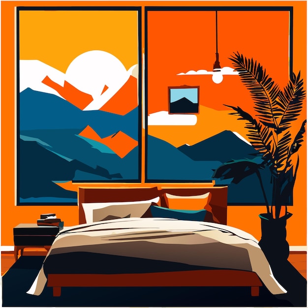 Diseño de interiores con marcos fotográficos y cama con almohadas ilustración vectorial