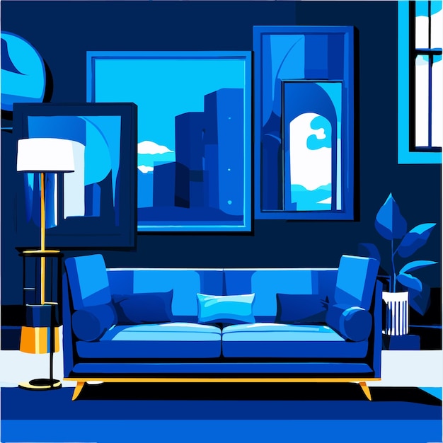 Vector diseño de interiores con marcos fotográficos e ilustración vectorial de sofá azul