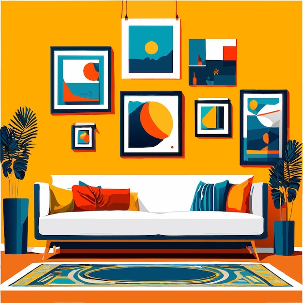 Vector diseño de interiores con marcos fotográficos e ilustración vectorial de sofá blanco