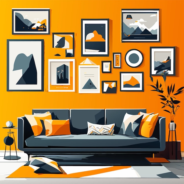 Vector diseño de interiores con marcos fotográficos e ilustración vectorial de sofá gris