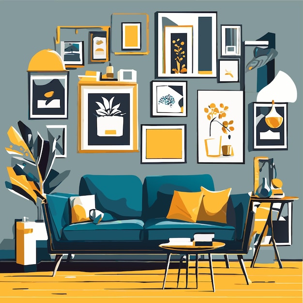 Vector diseño de interiores con marcos fotográficos e ilustración vectorial de sofá gris