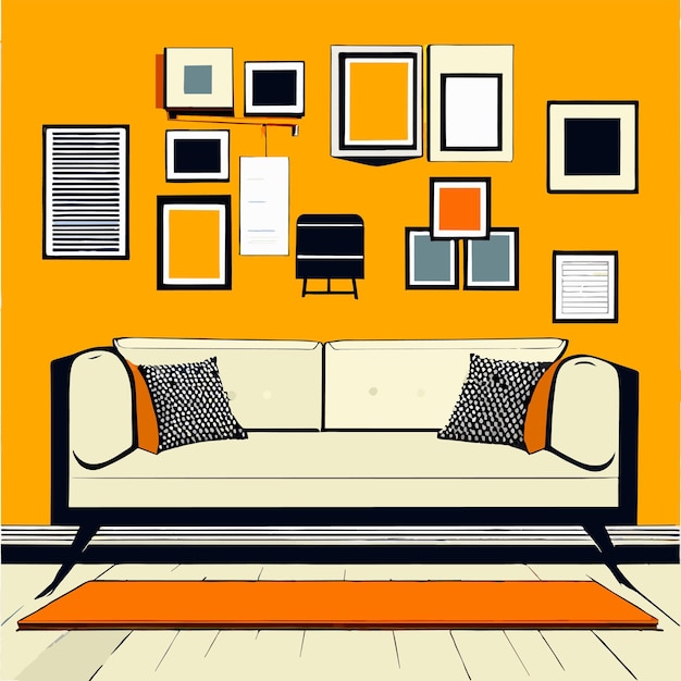 Vector diseño de interiores con marcos fotográficos e ilustración vectorial de sofá o silla