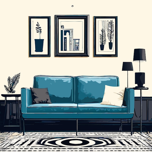 Vector diseño de interiores con marcos fotográficos e ilustración vectorial de sofá o silla