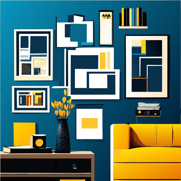 Diseño de interiores con marcos fotográficos e ilustración vectorial de sofá o silla