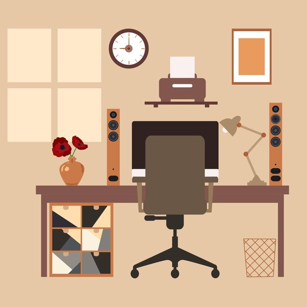 Diseño de interiores de oficina en casa moderna de vector libre en estilo plano de color amarillo