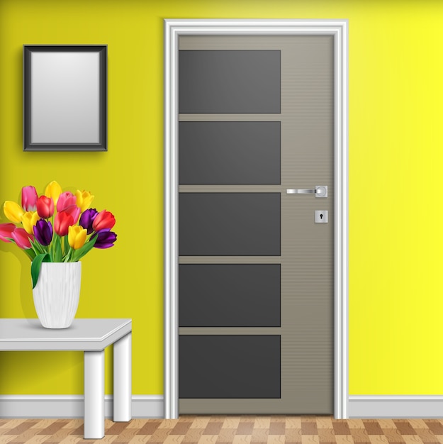 Diseño de interiores con puerta y flores