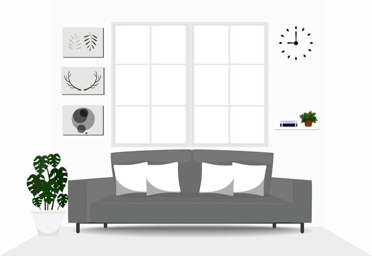 diseño de interiores de sala de estar con sofá gris