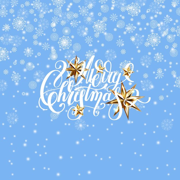 Diseño de invierno con estrellas doradas y letras manuscritas feliz navidad al cartel de la tarjeta de felicitación