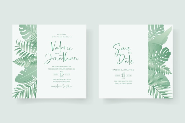 Diseño de invitación de boda con adorno de hojas tropicales.