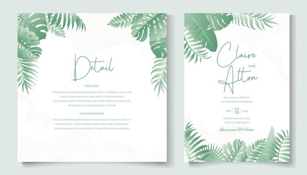 Diseño de invitación de boda con adorno de hojas tropicales.