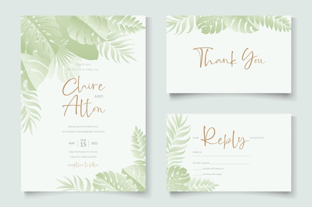 Vector diseño de invitación de boda con adorno de hojas tropicales.