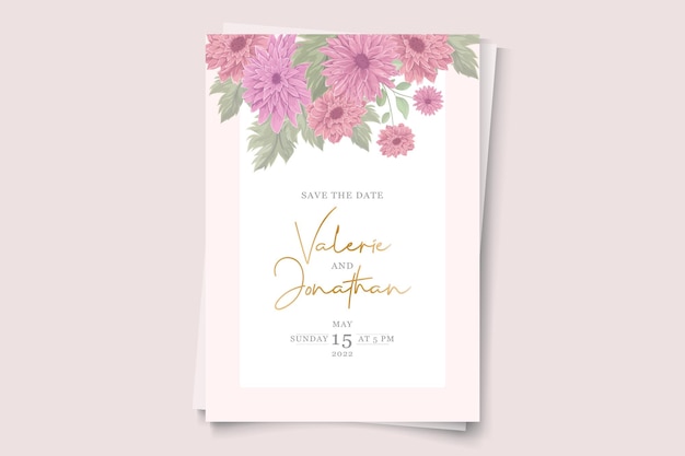 Diseño de invitación de boda con adornos de flores de crisantemo colorido