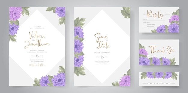 Diseño de invitación de boda con adornos de flores de crisantemo colorido