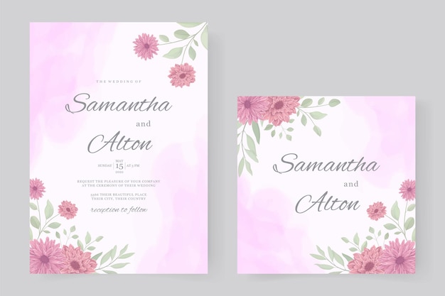 Diseño de invitación de boda con flor de crisantemo rosa.