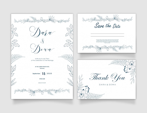 Diseño de invitación de boda floral dibujado a mano