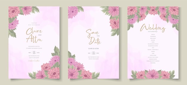 Diseño de invitación de boda con hermoso adorno de flor de crisantemo