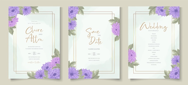 Diseño de invitación de boda con hermoso adorno de flor de crisantemo