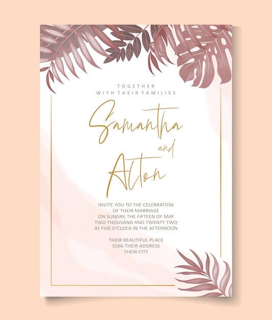 Diseño de invitación de boda con hojas tropicales.