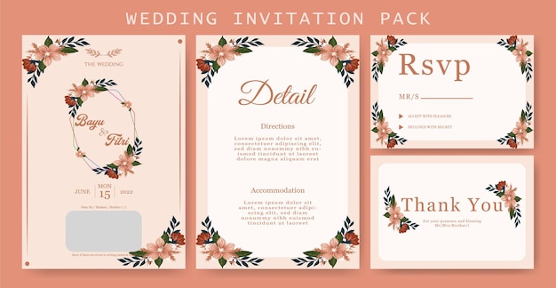 Diseño de invitación de boda minimalista y elegante completo con detalles de rsvp y gracias