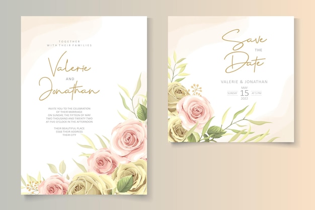 Diseño de invitación de boda con suave color de rosas.