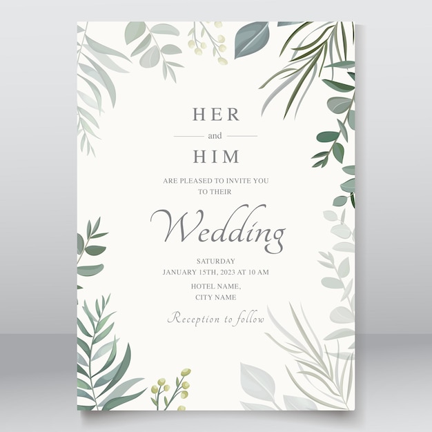 Diseño de invitación de boda verde con acuarela floral.