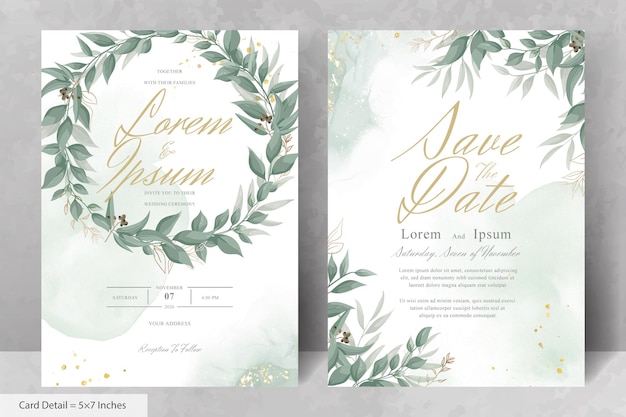 Diseño de invitación de boda verde con corona floral y acuarela