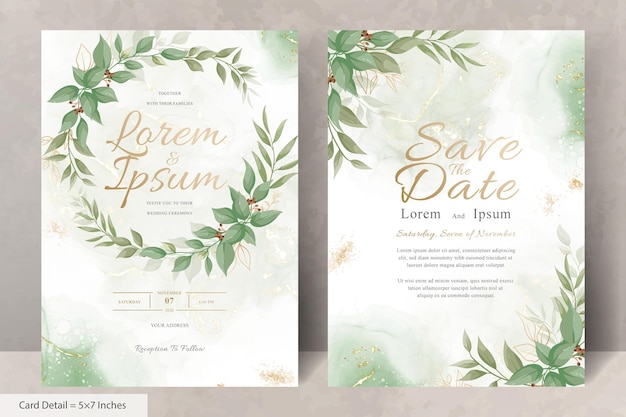 Diseño de invitación de boda verde con corona floral y acuarela