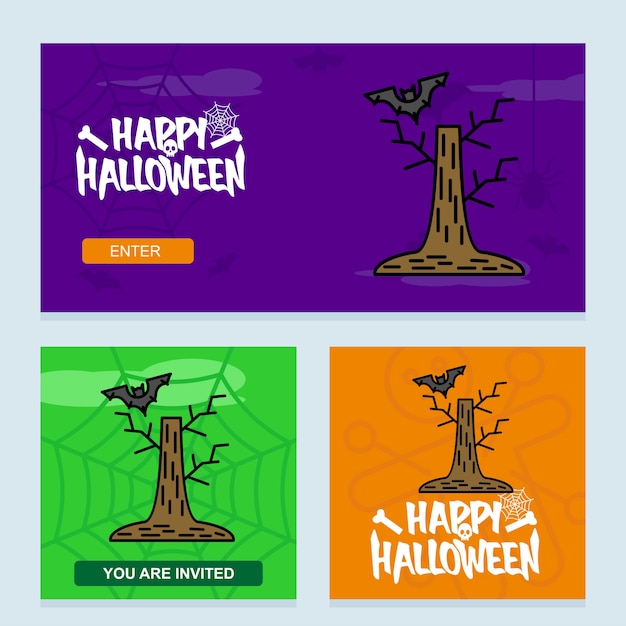 Diseño de invitación de Feliz Halloween con árbol y vector de murciélago