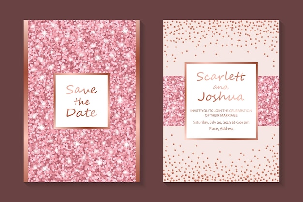 Vector diseño de invitación o plantillas de tarjetas con confeti rosa brillante y marcos dorados rosas